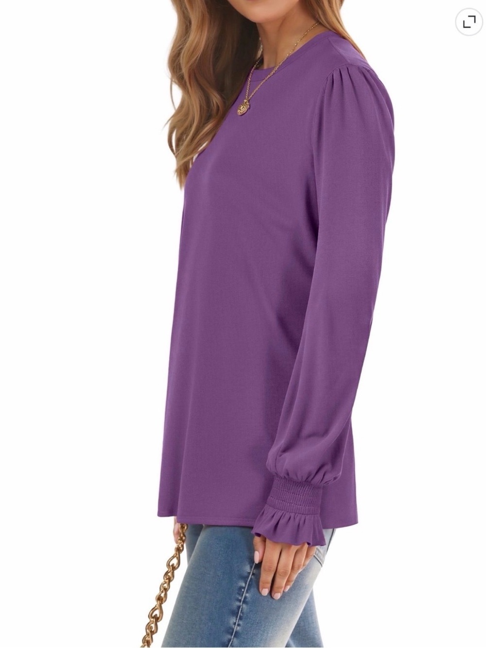 Fantaslook Women’s XL Purple Long Sleeve Blouse Puff Sleeve Crew Neck Top - Picture 2 of 6